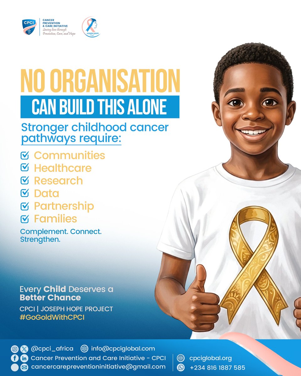 cpci_africa's tweet photo. No organisation can build this alone. 💛

Stronger childhood cancer pathways require families, communities, healthcare, research and partnerships working together.

Our approach: Complement. Connect. Strengthen. 

#GoGoldWithCPCI #ChildhoodCancer #JosephHopeProject https://t.co/H29EnH2Egn