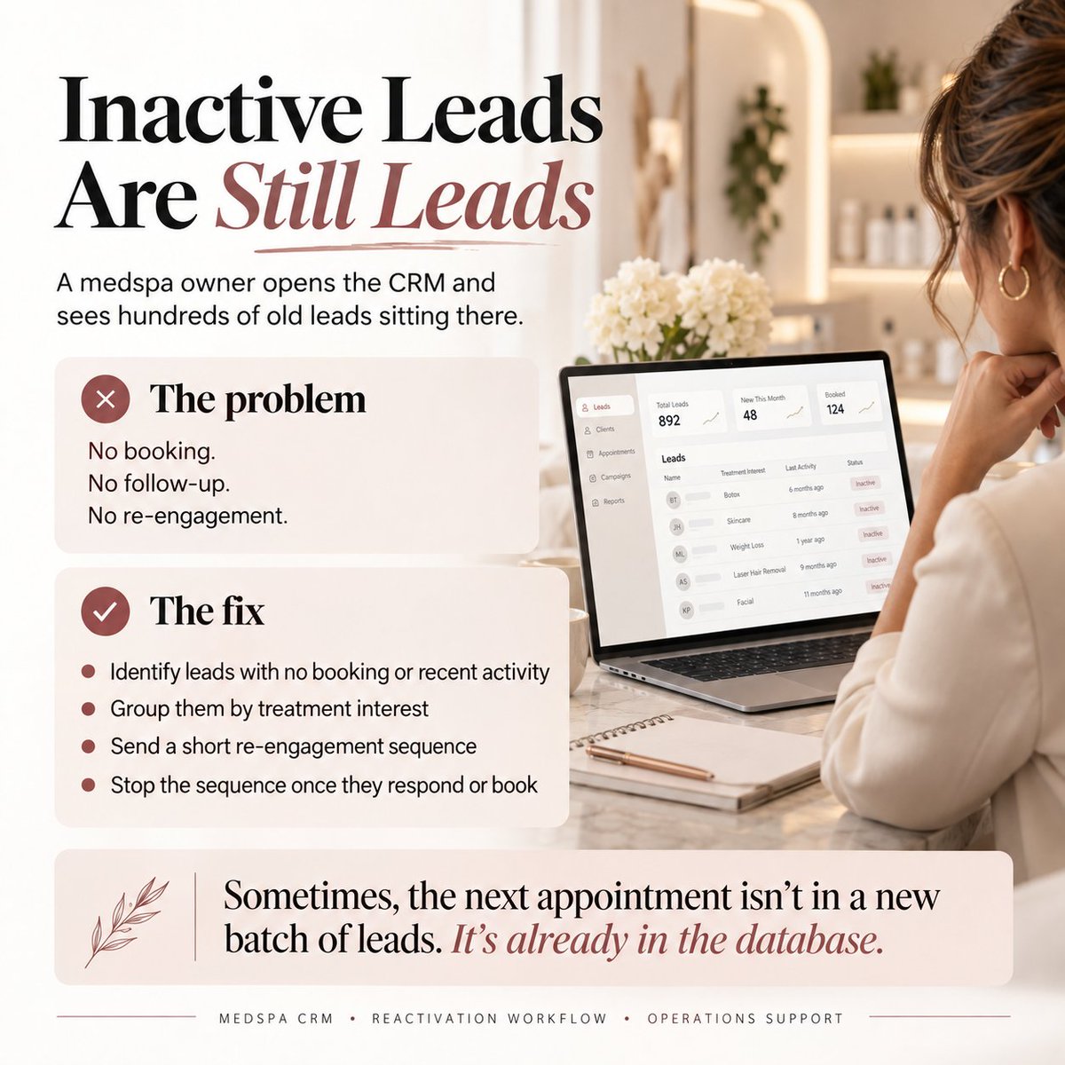 munnytee18's tweet photo. A medspa may have hundreds of old leads sitting in the CRM while still paying for new ones.
Before increasing ad spend, I’d reactivate the leads already there:
Sometimes, the next appointment is already in the database.
#GoHighLevel #CRM #MedSpa https://t.co/ExV1WhncMA