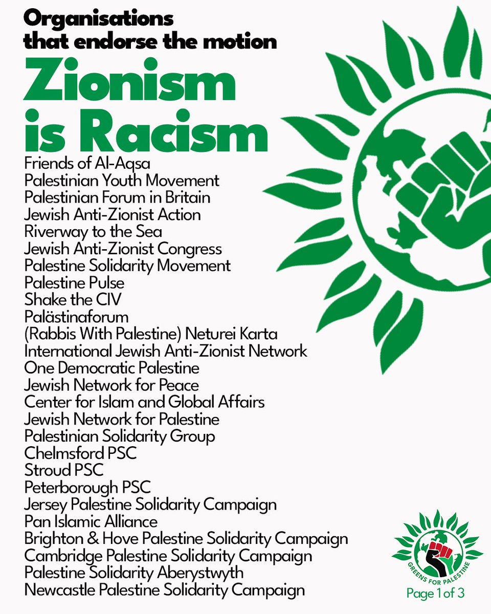 Greens4P's tweet photo. Thanks to all those organisations who have officially endorsed the motion Zionism is Racism!

This weekend we make history.

This weekend we start to build an Anti-Zionist Green Party. https://t.co/NXmIsePttX