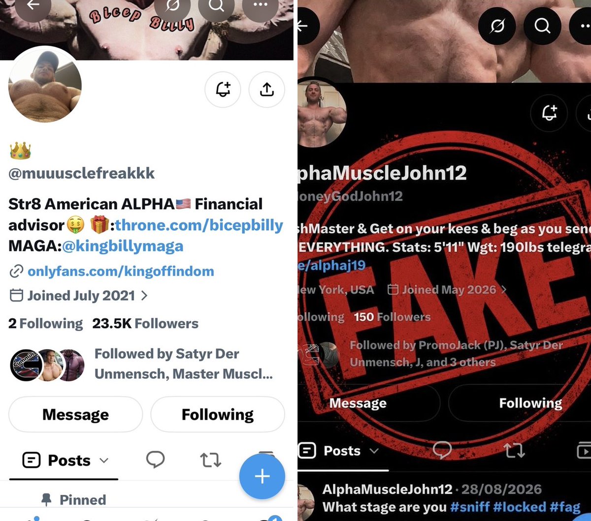 CMUKFindomWorld's tweet photo. CATFISH ALERT
@MoneyGodJohn12 appears to be using photos belonging to the genuine @muuusclefreakkk account while presenting himself as someone else.

Two profiles. Same photos. Different identities.

The telegram addy is @alphaj19

@MASTER_UPDATES @PromoRTpig @FindomAlphaRT https://t.co/Awh5hFzJES