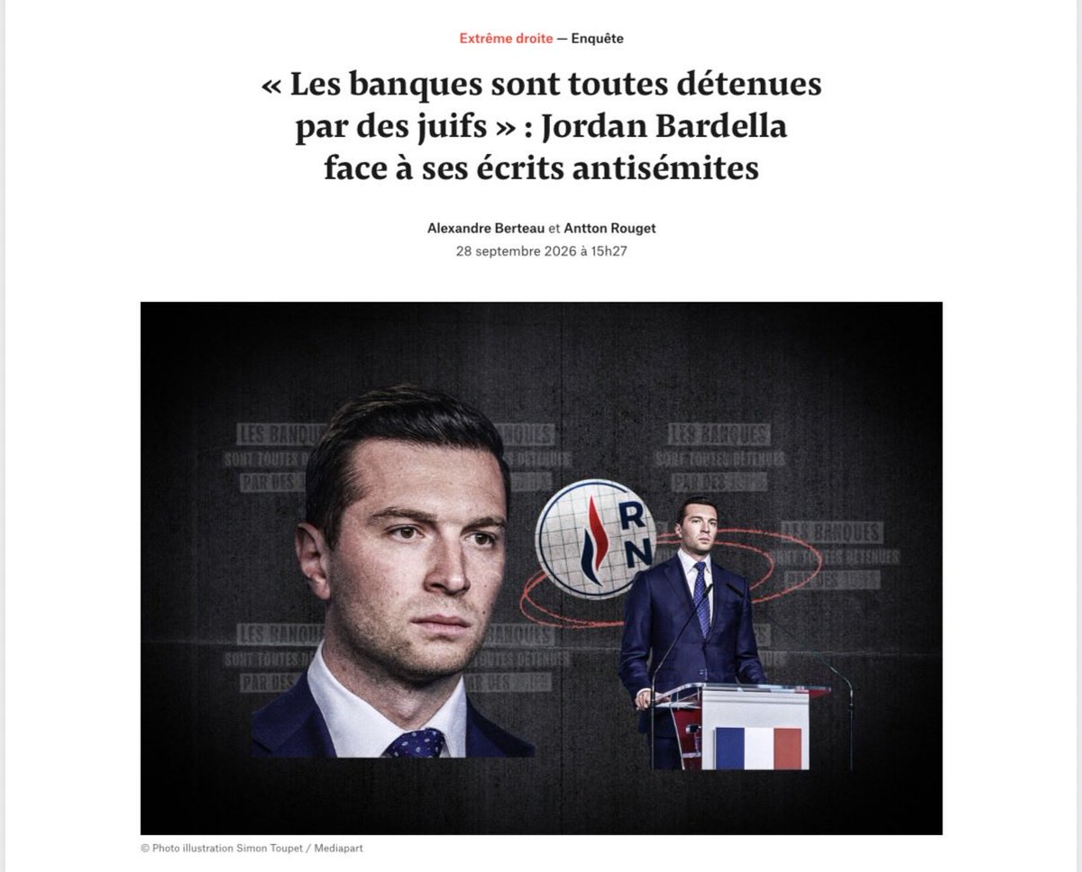 RimaHas's tweet photo. Mediapart dévoile aujourd’hui des échanges de @J_Bardella qui témoignent d’un antisémitisme obsessionnel : 
- “les banques sont toutes détenues par des juifs” 
-  il déplore qu’ “un juif doit dominé les autres peuples et les voler”
- “un sioniste est forcément juif” 

Un ancien responsable du FN témoigne :  “je me souviens qu’il accordait de l’intérêt aux théories sur la possible survie d’Adolf Hitler après la Seconde guerre mondiale”. 

Des années de dédiabolisation n'ont changé que le nom et les costumes d’un parti cofondé par d'anciens Waffen-SS. 

L'extrême-droite reste ce qu'elle a toujours été : antisémite et raciste. 

https://t.co/uOQQDYTDo3