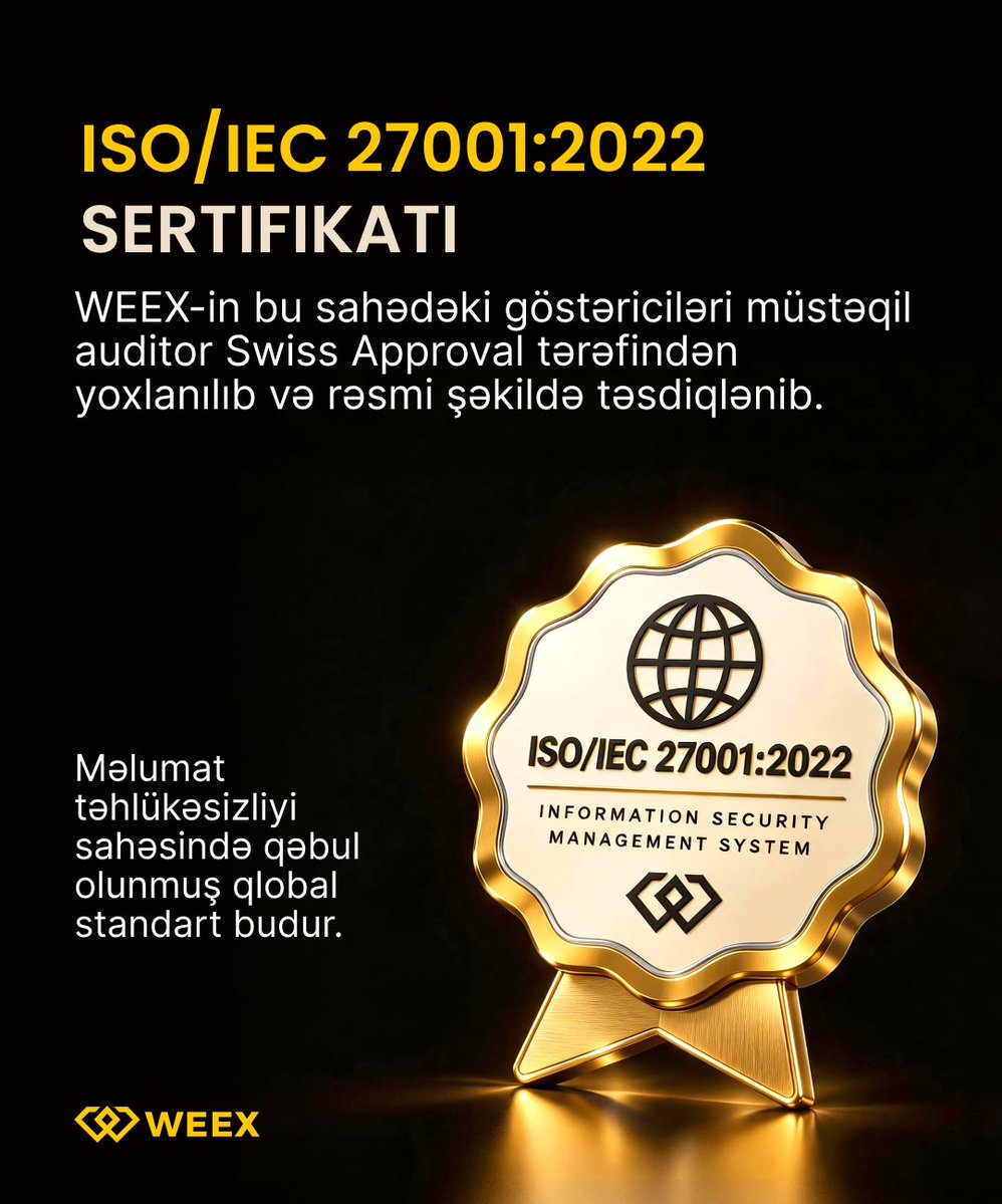 WEEX_Azerbaijan's tweet photo. 🛡️ Kriptoda etibar sübutla qazanılır.

🔐 ISO/IEC 27001:2022 sertifikatı

📜 El Salvador Bitcoin Xidmət Təminatçısı lisenziyası

💰 1.000 BTC Qoruma Fondu

✅ %100+ Ehtiyat Sübutu, zəncir üzərində

Təfərrüatlar 👉 https://t.co/mZigHMPCTr https://t.co/VZfEZ8gQVK