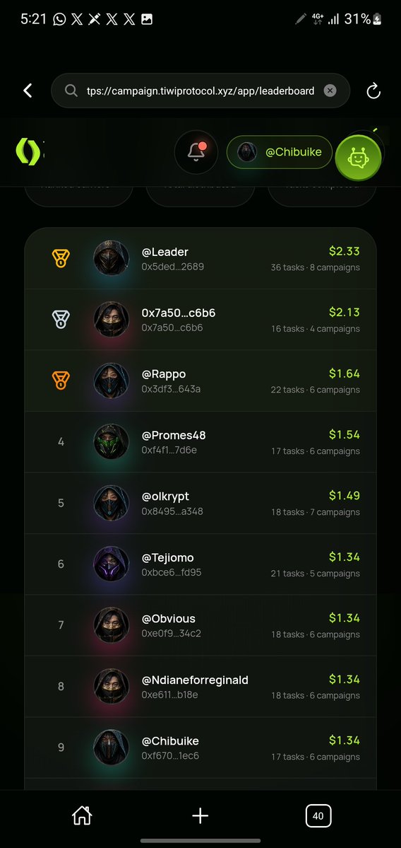 madukaandp's tweet photo. Going forward! From 13 to number 9 on @TIWIProtocol daily campaign LEADERBOARD.
You sure say I go still meet @generalxleader 🤦 19 TASKS ahead of me 😁.. #twc #tiwiecosystem https://t.co/rr92a9papR