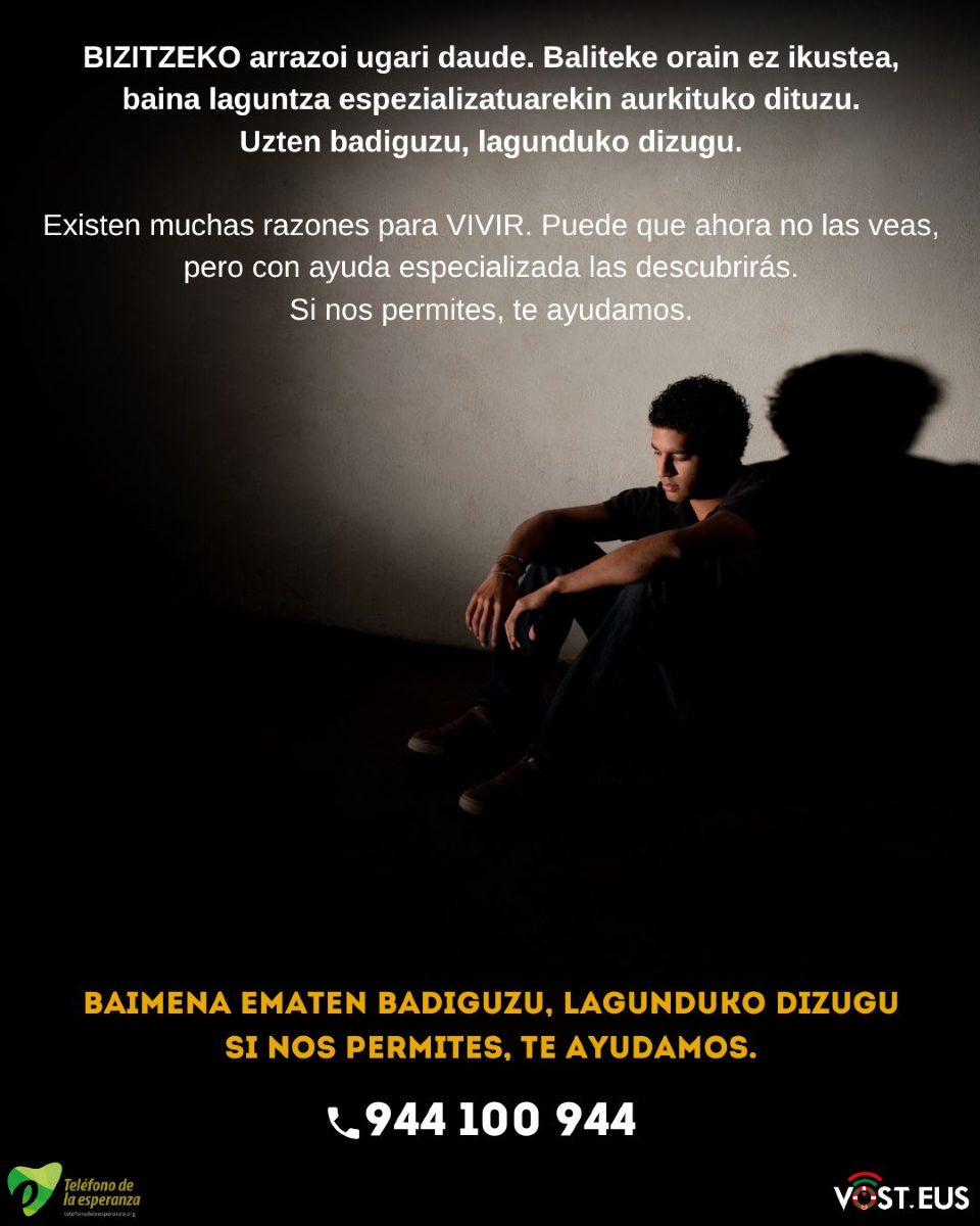 VOSTeuskadi's tweet photo. 💬 Hablar salva vidas.
No estás solo/a. Pide ayuda.

💬 Hitz egiteak bizitzak salbatzen ditu.
Ez zaude bakarrik. Eskatu laguntza.

#StopSuizidioak #StopSuicidios https://t.co/uYzqFP2E1C
