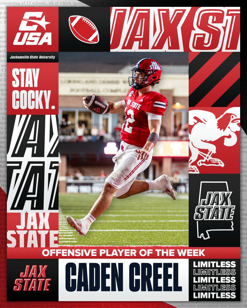 ConferenceUSA's tweet photo. 🏈 OFFENSIVE PLAYER OF THE WEEK 🏈

🏅1⃣ Caden Creel, @JaxStateFB 

#NoLimitsOnUs | https://t.co/dgrWwob9Az