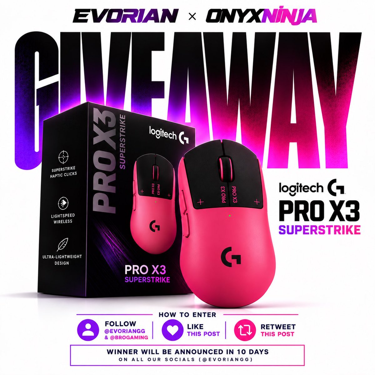OnyxNinja_ytt's tweet photo. 🎁 WITH MY NEW TEAM we're GIVING AWAY the NEW G PRO X3 SUPERSTRIKE🖱️💜

HOW TO PARTICIPATE:

→ FOLLOW <@OnyxNinja_ytt >  &amp; @evoriangg
→ LIKE THE POST
→ Retweet

🏆 1 WINNER

⏳ The winner will be announced in 10 days on my profile and on all Evorian networks. Good Luck 8 days https://t.co/vquc151Au2