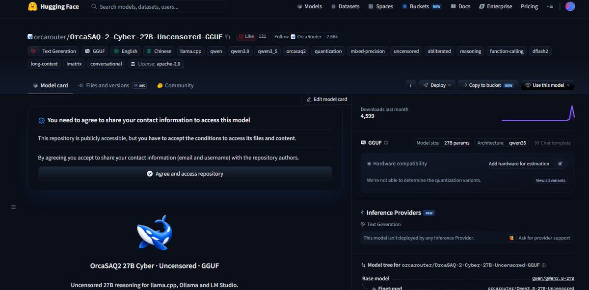 MAXdeg0's tweet photo. YOUR NEXT CYBERSECURITY AI MIGHT NOT NEED THE INTERNET AT ALL.

ORCASAQ-2 CYBER 27B was compressed from 54.7 GB → 15.7 GB while keeping a 262K context window and 94.4% Top 1 agreement.

Built for:

→ Defensive red teaming

→ Vulnerability research

→ Security coding

→ Terminal workflows

→ Authorized security testing

The biggest feature?

YOUR CODE, LOGS, AND VULNERABILITY DATA CAN STAY ON YOUR MACHINE.

No cloud required.

A 27B cyber model you can actually run locally without sending sensitive security data elsewhere.

15.7 GB. 262K CONTEXT. FULLY LOCAL. 

LINK  BELOW