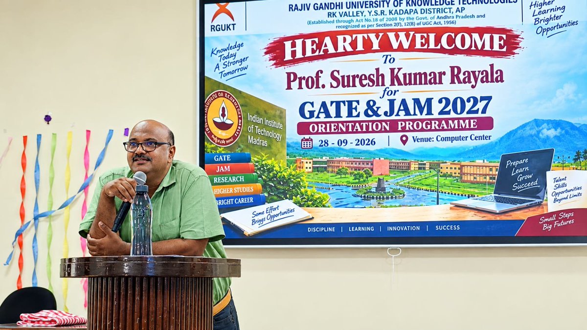RGUKTRKVOFFI's tweet photo. GATE &amp; JAM 2027 Orientation Programme🎓

An insightful session on GATE &amp; JAM 2027 was conducted at RGUKT–AP, R.K. Valley Campus, featuring Prof. Suresh Kumar Rayala, IIT Madras, Former GATE Chairman

#RGUKT #RKValley #GATE2027 #HigherEducationCell https://t.co/rUNbDsOdRP