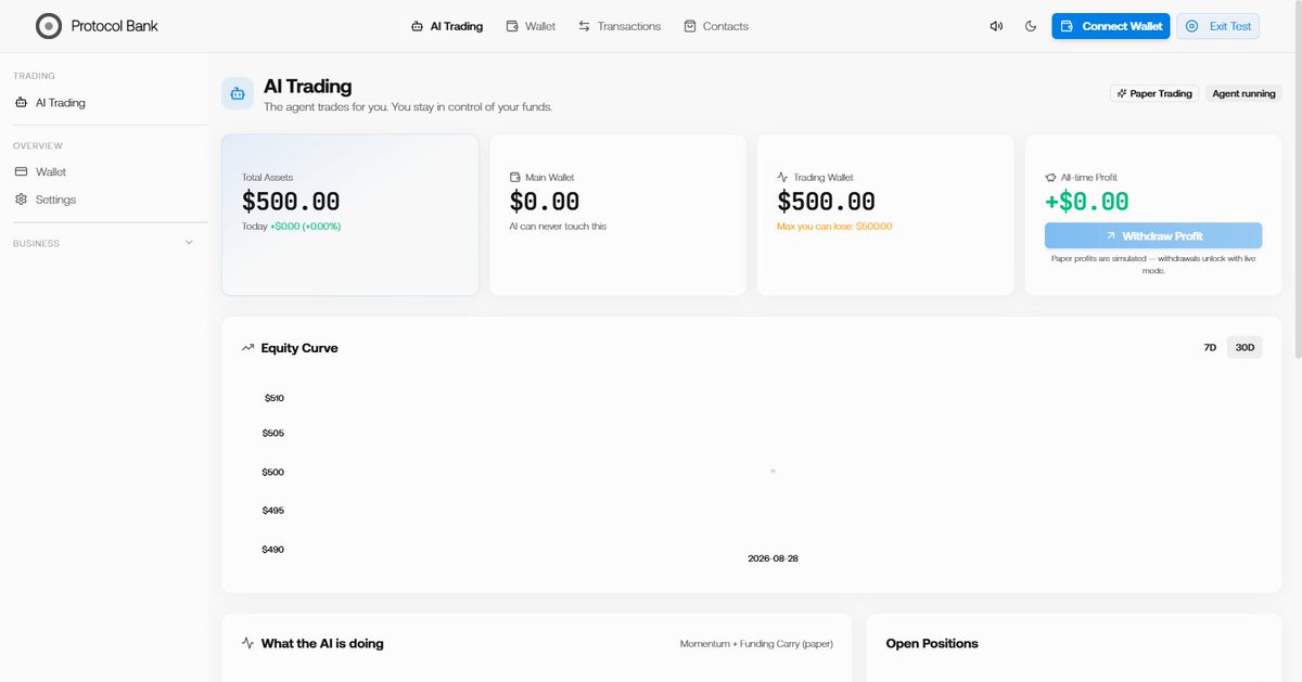 0xPrococolBank's tweet photo. Trading bots are black boxes. I built one that isn’t.

Every trade is explained in plain language.
The AI can trade but never withdraw.
Max loss is printed on the screen.

Paper mode (free): https://t.co/1IoasnBWwT
PH: https://t.co/Jg6Us6Htv5

#crypto #AI #DeFi https://t.co/u7XMXkOGxY