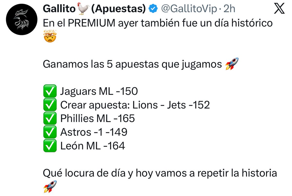UnicoReyPicks's tweet photo. +33 Likes ❤️ y 5 RT 🔁
Salen todas las jugadas de Gallito VIP 🐓 para hoy https://t.co/k8soFXH4T5