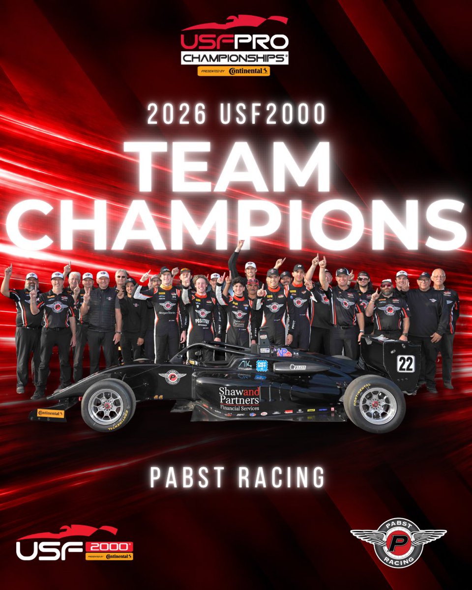 USF2000's tweet photo. Your 2026 USF Pro Championships USF2000 Team Champions are Pabst Racing! 🏆 

What a season: 7 wins, 14 podiums, 24 top-five finishes, 4 poles, 12 front-row starts, 7 fastest race laps, 12 races led and 2 new track records. Congratulations to the entire team!

#USFPro #INDYCAR #Motorsports  #Continentaltire