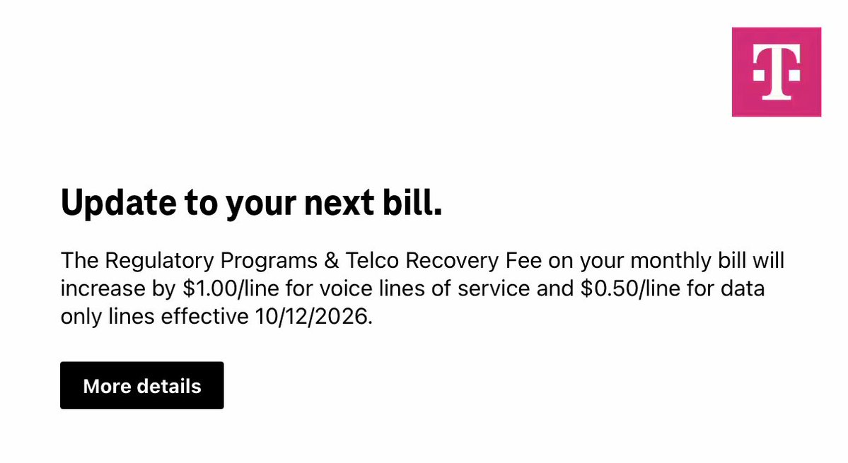 stetsondoggett's tweet photo. PRICE LOCK MY ASS.

T-Mobile just raised its Regulatory Programs &amp; Telco Recovery fee on my bill by $1.00 per voice line.

This is a MADE-UP fee that T-Mobile controls and can change at any time.

Your price is never safe or "guaranteed." https://t.co/Ss7ucyah0F