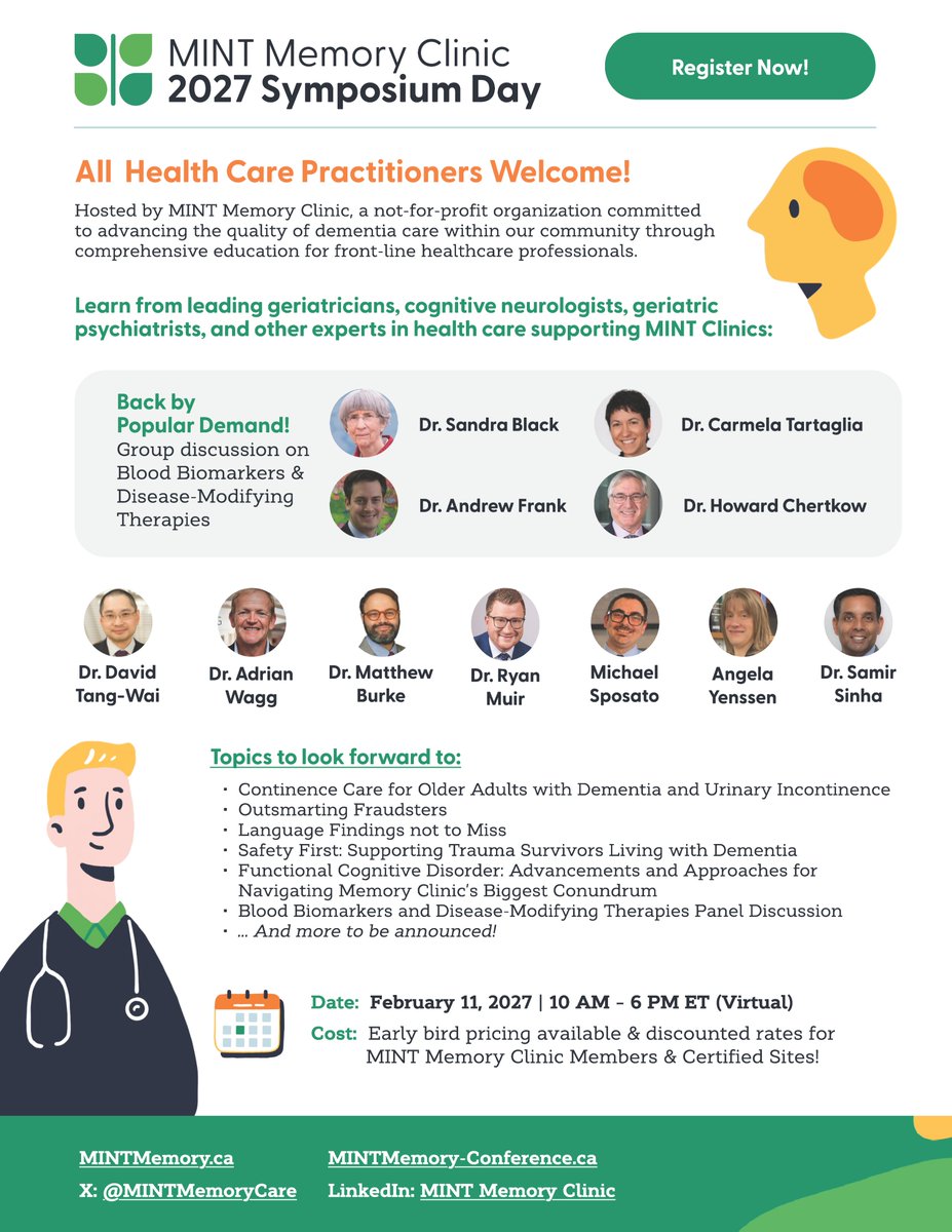 MINTMemoryCare's tweet photo. Secure your spot at the 2027 MINT Memory Clinic Symposium Day now!

For a limited time, take advantage of our early bird pricing and save at least 20% off admission🍀

Registration: https://t.co/jZciUJl6gD
Learn more: https://t.co/FRdDDZ3PT0

#dementiacare #brainhealth https://t.co/JC0wCSSTGv