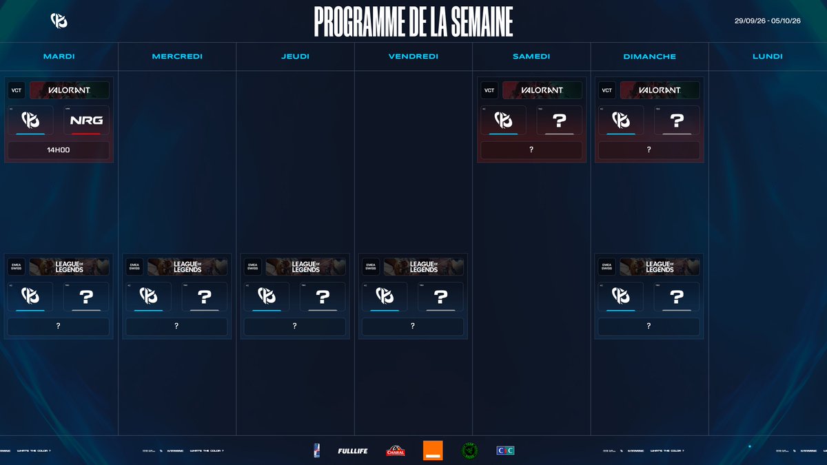 KarmineCorp's tweet photo. 📅 Le planning de la semaine : 

- Suite des Valorant Champions 🇨🇳
- Suite du Swiss Stage des EMEA Masters 🌍 https://t.co/eoVfAwuaWG