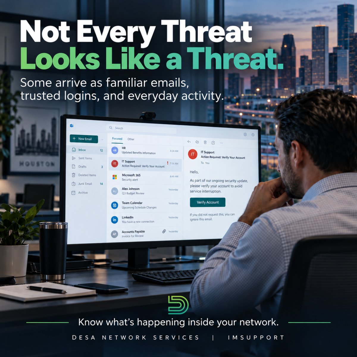 DesaNetwork's tweet photo. Not every cyberthreat looks like a threat.

Sometimes it looks like a familiar email, a trusted login, or normal activity.

Visibility helps you catch what doesn’t belong before it becomes a bigger problem.

#Cybersecurity #ITSupport https://t.co/pP1gkv06BK
