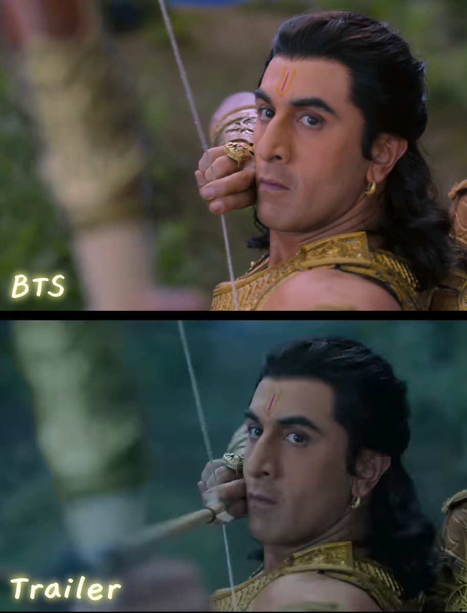 ATOMIX_90's tweet photo. Look at this comparison btw BTS and TRAILER 😳
The bows are added with VfX 😅 
Why didn't they use an original bow 🏹 
What #Ramayana team will do only time will tell https://t.co/MEvj1Rfx6P
