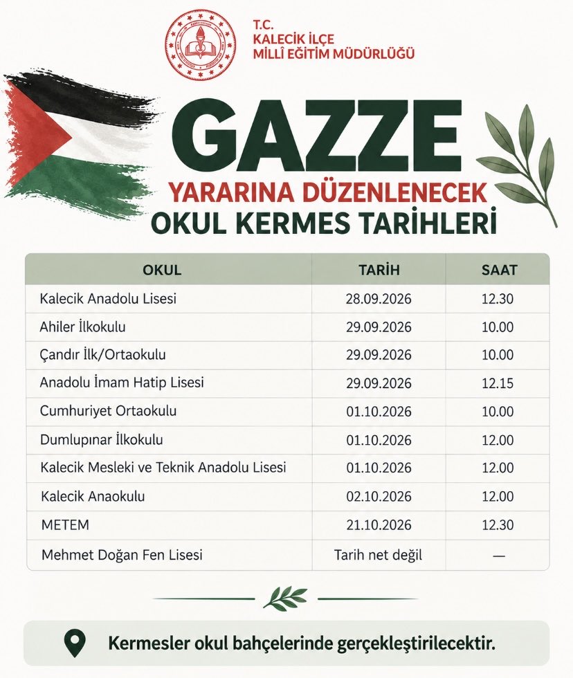 Kalecikilcemem's tweet photo. 🇵🇸 Gazze İçin Dayanışma Kermesleri
Gazze halkıyla dayanışma amacıyla ilçemizdeki okullarımızda kermesler düzenlenecektir.

@tcmeb @MemAnkara @MltAnk0644 
#gazze #GazzeyiUnutmayın #gazzekermesi https://t.co/5ZY6AJeOZr