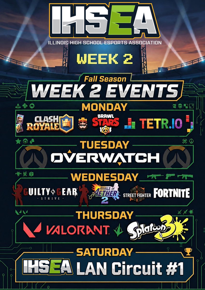 IHSEA_org's tweet photo. Hello everyone and happy Monday! It is week 2 of the regular season. With that comes our first BIG event, the LAN Circuit # in Peoria! Details can be found in the Google doc linked here:

https://t.co/biAuG3Rg7i https://t.co/JLuhBvb1ZW