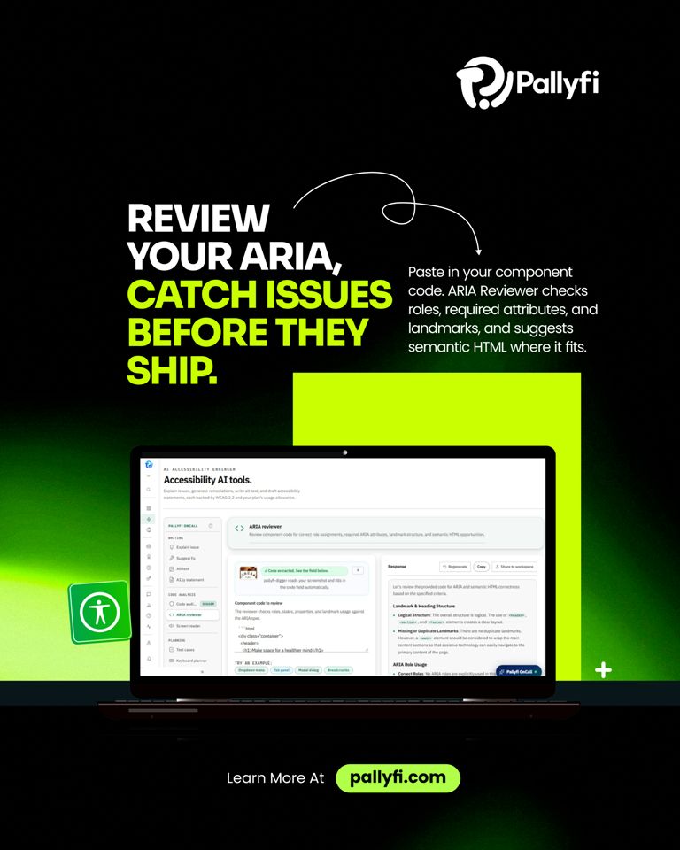pallyfiHQ's tweet photo. Wrong ARIA can make a page harder for screen reader users than no ARIA at all. Catch those mistakes before they ship with Pallyfi's ARIA Reviewer, backed by WCAG 2.2 so your fixes are grounded in the standard, not guesswork. 

#Accessibility #Pallyfi https://t.co/xd4JwkQExz