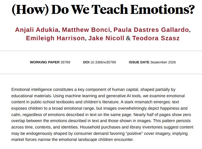 nberpubs's tweet photo. The text of children's books convey a broad emotional range but images overwhelmingly show happiness/calm—a mismatch that consumer demand for "positive" imagery may reinforce, narrowing the emotions children encounter, from @aadukia, Matthew Bonci, Paula Dastres Gallardo, @emileigharrison, Jake Nicoll, and @TeodoraSzasz https://t.co/Pk982C10Wu