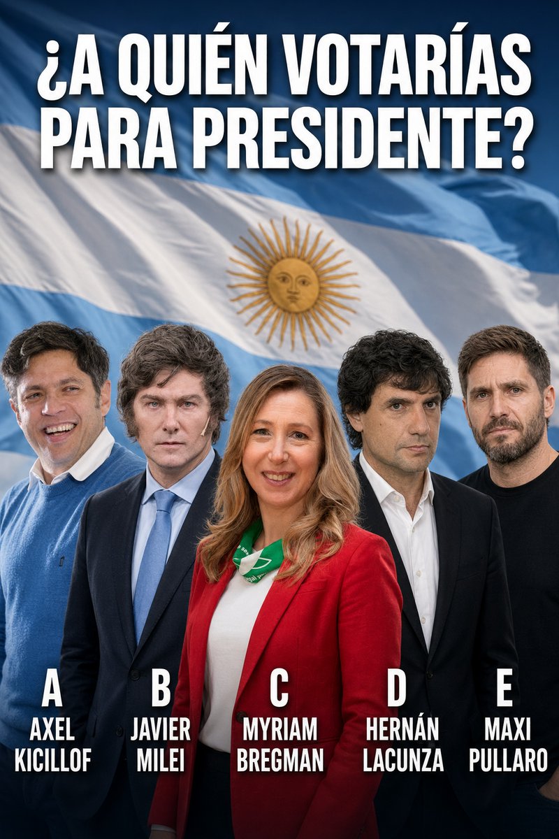 NCereijo's tweet photo. ¿A quién votarías para presidente de los siguientes candidatos?

A @Kicillofok 
B @JMilei 
C @myriambregman 
D @hernanlacunza 
E @maxipullaro https://t.co/OafxWgpCnU
