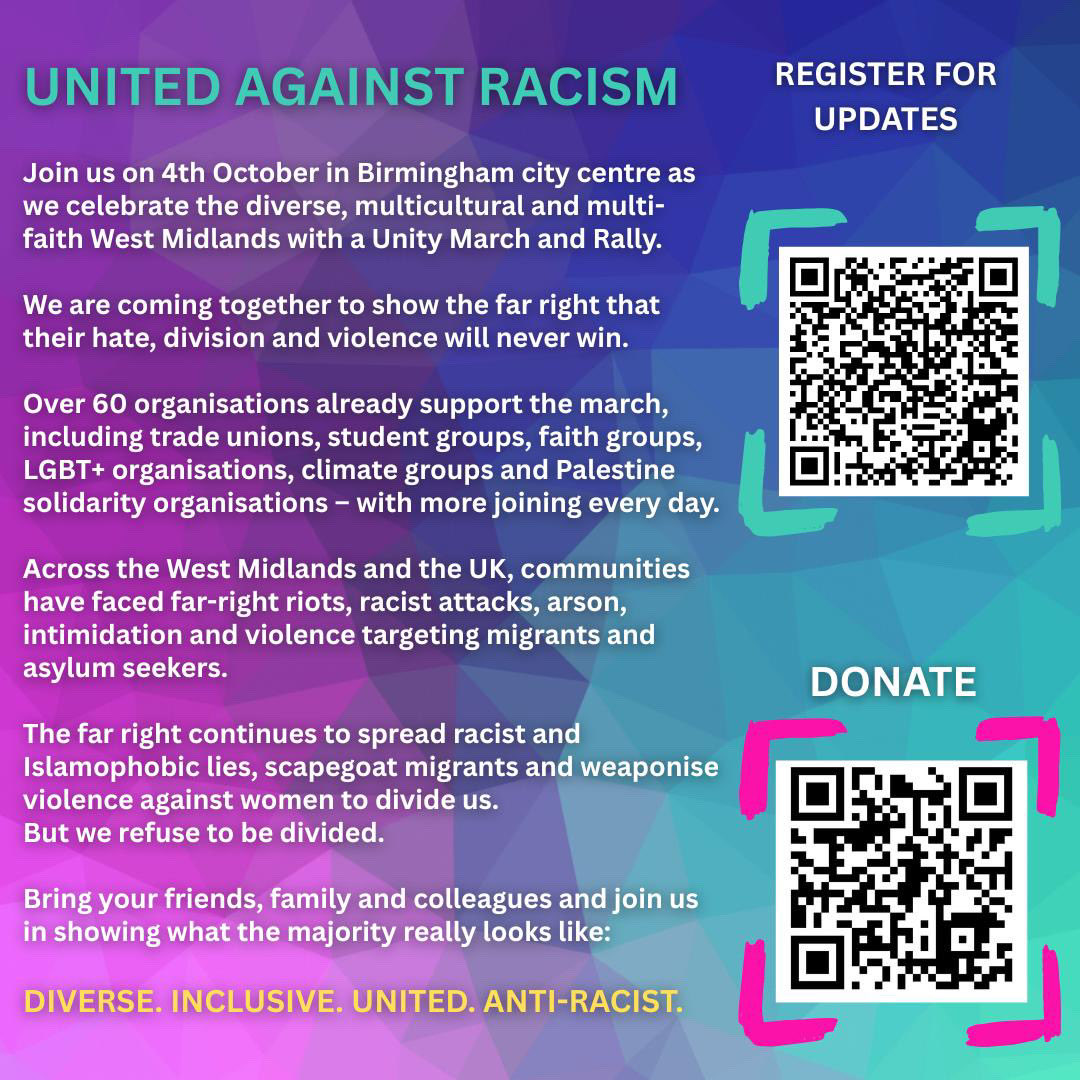 BirminghamTUC's tweet photo. ✊WEST MIDLANDS AGAINST RACISM ✊
Birmingham TUC supports the Unity March &amp; Rally! Stand shoulder-to-shoulder to bring our communities together against hate.
🗓️ Sun 4th Oct | 1pm
📍 Victoria Square, Birmingham
Solidarity! ✊❤️
#WestMidlandsAgainstRacism #BrumSolidarity https://t.co/1ELvMbban0