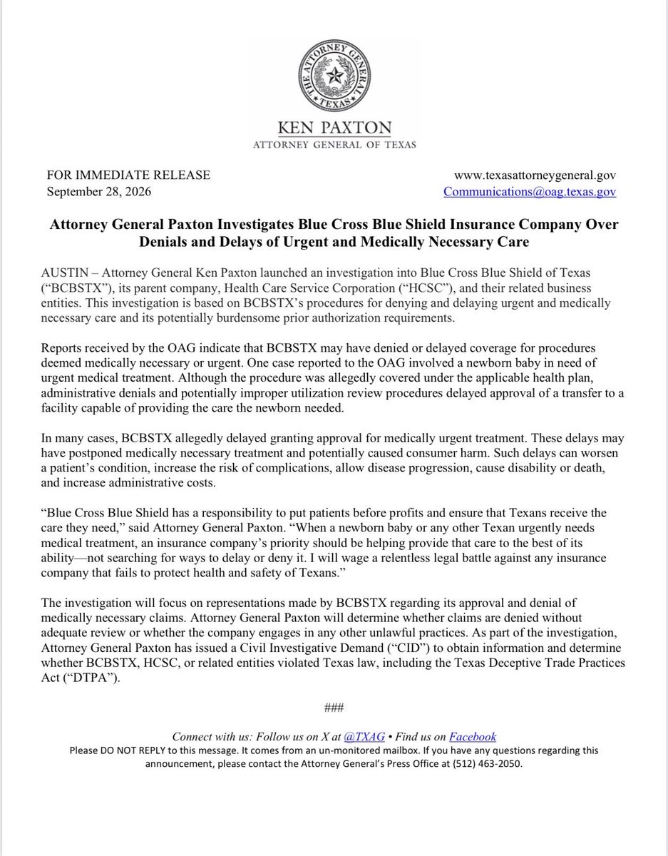 KenPaxtonTX's tweet photo. BREAKING: I am investigating Blue Cross Blue Shield insurance company over denials and delays of urgent and medically necessary care. https://t.co/6826b3Pnpr