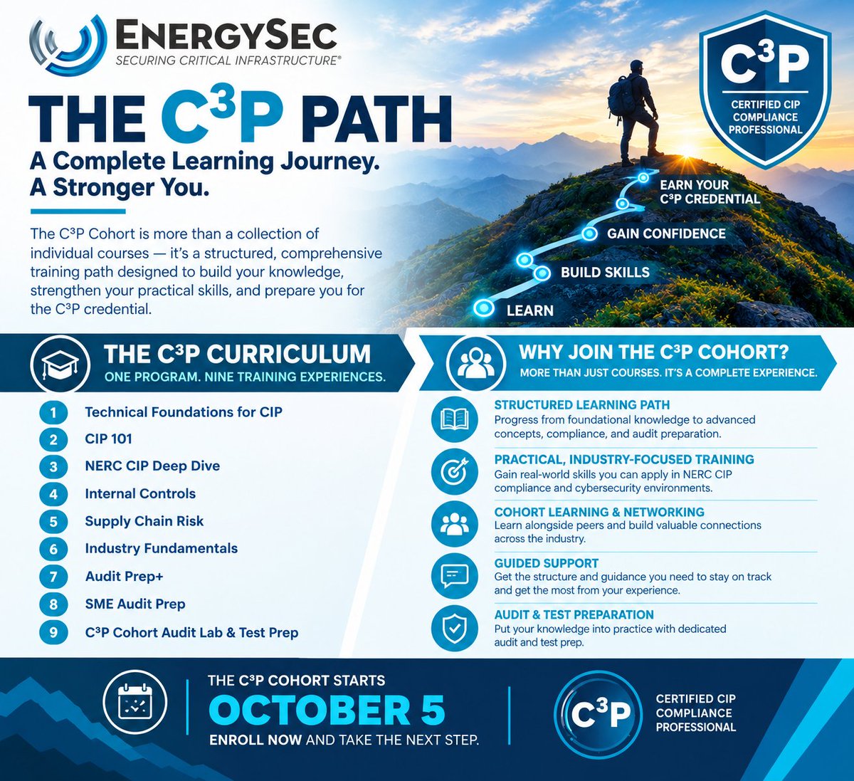 EnergySec's tweet photo. 🎓 The C³P Path starts October 5!

More than individual courses—a structured journey to build NERC CIP knowledge, strengthen practical skills, and prepare for the C³P credential.

📚 Comprehensive curriculum
🤝 Cohort learning
🎯 Audit & test prep
🏆 Path to C³P
👉 Enroll today! https://t.co/pM9akCOhMz

#C3P #NERCCIP #EnergySec #ProfessionalDevelopment