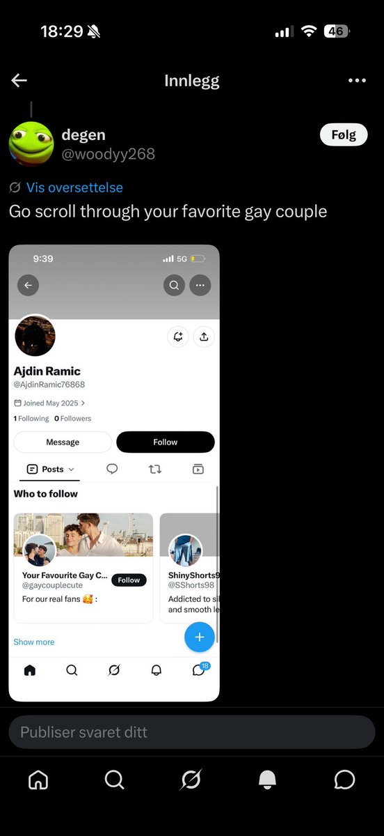 AjdinRamic76868's tweet photo. @woodyy268 @TomCrown @woodyy286 LMAO you ratted out yourself “Who to follow” it’s your recommended list. I never liked or followed any gay shit 🤣🫵🏻 you ratted out yourself https://t.co/BswEWtvQO1