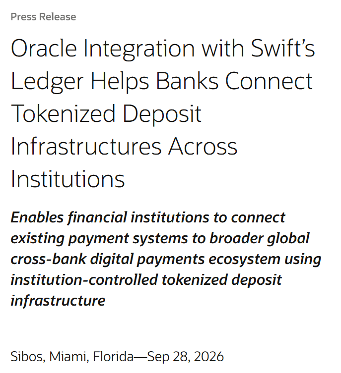 GregLuntX's tweet photo. ⚔️🔥 BREAKING: Oracle has announced their integration with Swift’s blockchain for cross-bank tokenized deposits.

Hmm, that sounds familiar...

Considering Oracle already has a certified solution for cross-ledger orchestration sitting inside its own stack:

$QNT’s Overledger.

This announcement describes the EXACT kind of problem Overledger was specifically built to solve.

→ Different banks
→ Different ledgers
→ Different deposit systems

All needing to communicate with each other.

This is why deals like The Clearing House matter so much — they don’t just add another customer, they strengthen the network effects around the underlying infrastructure.

Once enough major institutions plug into the same connective layer, everyone around them is more and more incentivized to follow.

You’re watching in real-time how interoperability eats an entire industry.