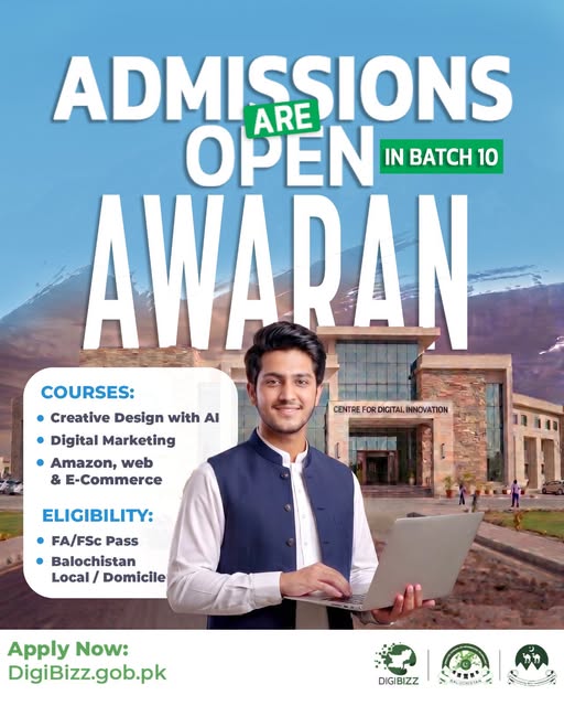 Digibizz_GOB's tweet photo. Admissions OPEN at Awaran!
Build practical digital skills in Graphic Design with AI, Digital Marketing, or Amazon, Web & E-Commerce. Get FREE professional training + eligible students can receive a monthly stipend.
Apply now: https://t.co/KDKk9MXPF3
#DigiBizz #awaran https://t.co/jkfwqBCPJo