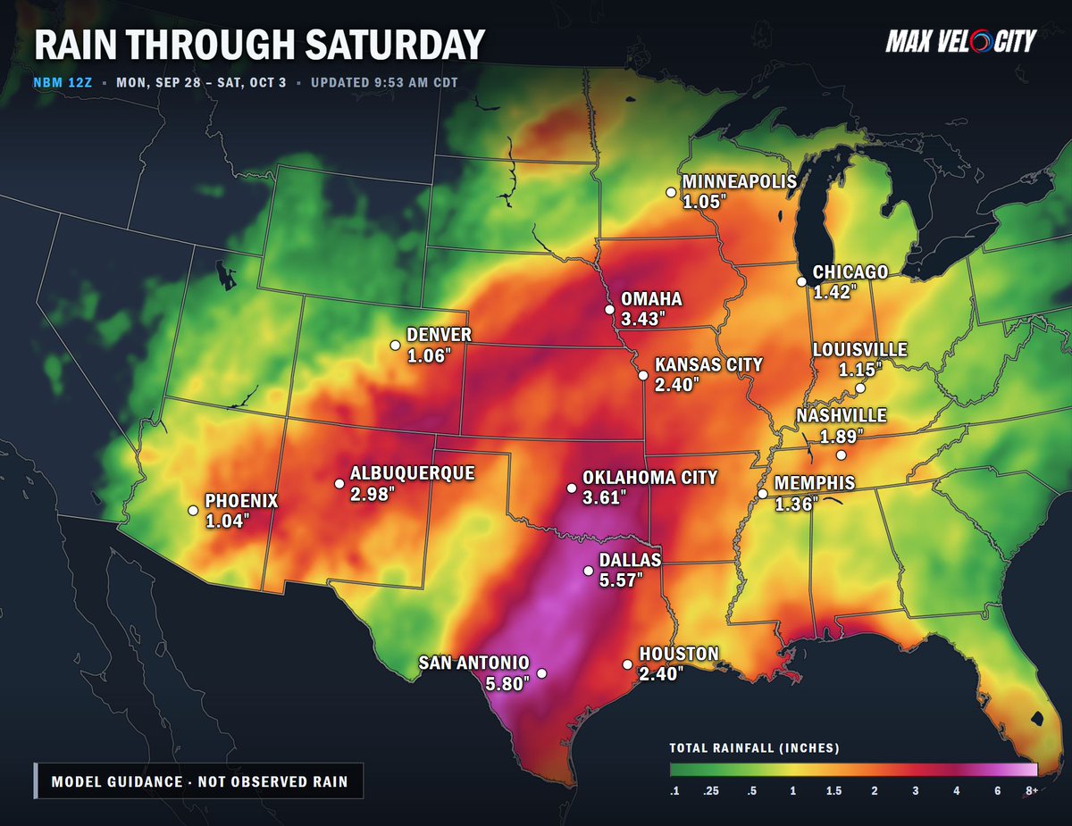 MaxVelocityWX's tweet photo. A MAJOR FLOODING THREAT IS DEVELOPING ACROSS THE SOUTH-CENTRAL U.S...

Tropical moisture from the remnants of Hurricane Polo and Odalys will fuel multiple rounds of heavy rain and thunderstorms across the Southwest, Texas, Plains, and Midwest through Saturday.

Several inches of rain are possible, with 5–6+ inches possible across parts of Texas. Repeated rounds of storms could cause rainfall to pile up quickly, leading to life-threatening flash flooding.

This could become a very serious flooding event.