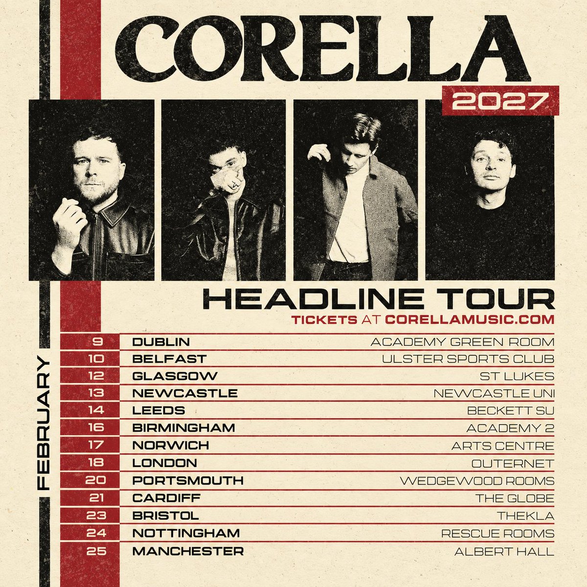 FLGMusicHQ's tweet photo. Corella are hitting the road for their 2027 Headline Tour, with 13 dates across the UK &amp; Ireland this February.  

🎟️ Tickets: https://t.co/ka7uZ6h33p 

@Corellamusic 

#Corella #FLG #FrontiersLabelGroup #HeadlineTour #UKTour https://t.co/uCgOA0kCbC