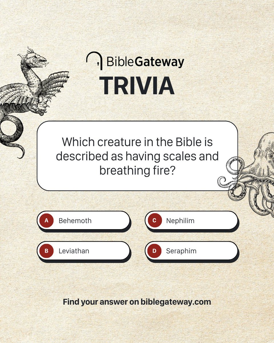 biblegateway's tweet photo. Think you know your Bible creatures? 🐉 Start with Job 41:1–34 on #BibleGateway.

Wondering what else is lurking in the pages of Scripture? Take a look at our News &amp; Knowledge article, “Giants, Dragons, and Unicorns? A Bible Monster Bestiary.” 📰 https://t.co/hHPYVQ1boA https://t.co/JxfdszwhY7