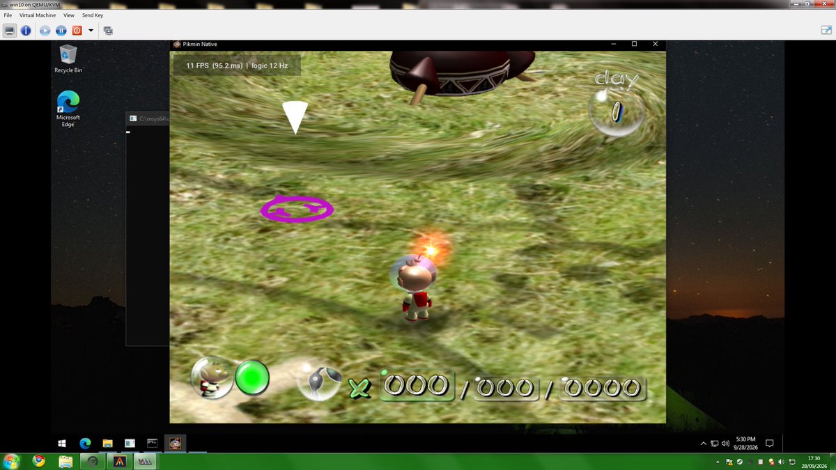 PikminNative's tweet photo. The game also runs on Windows 10! The low FPS is due to testing in a Virtual Machine, where all rendering is done on the CPU. On real Windows hardware, the game reaches normal FPS Limits (as well as our unlocked limits of course) https://t.co/pUuzBpqpc5