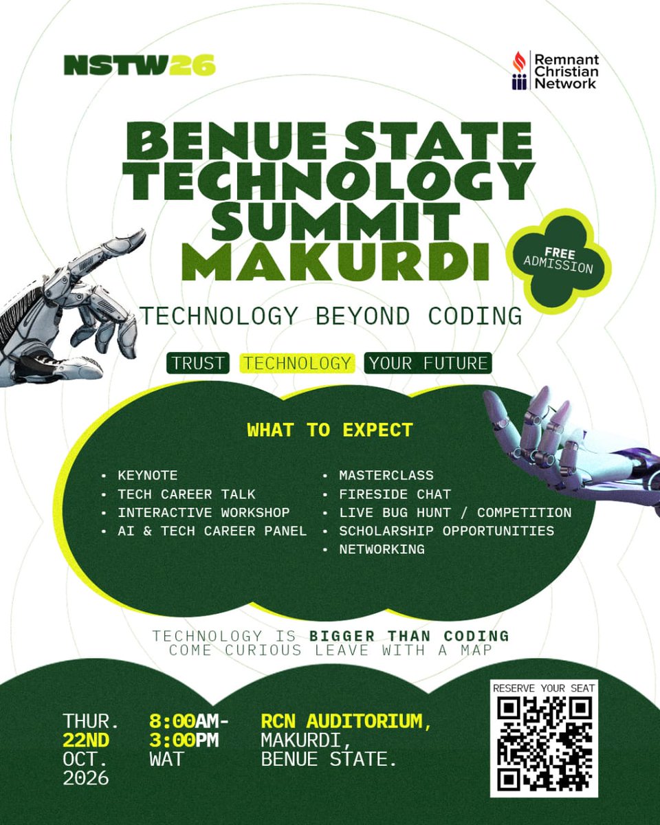 _rcnglobal's tweet photo. The Benue State Technology Summit is coming to Makurdi as part of Nigeria Software Testing Week 2026, bringing together opportunities to explore technology careers beyond software development, including testing, product, design, data, security, artificial intelligence and content https://t.co/Cir4OOzyJq