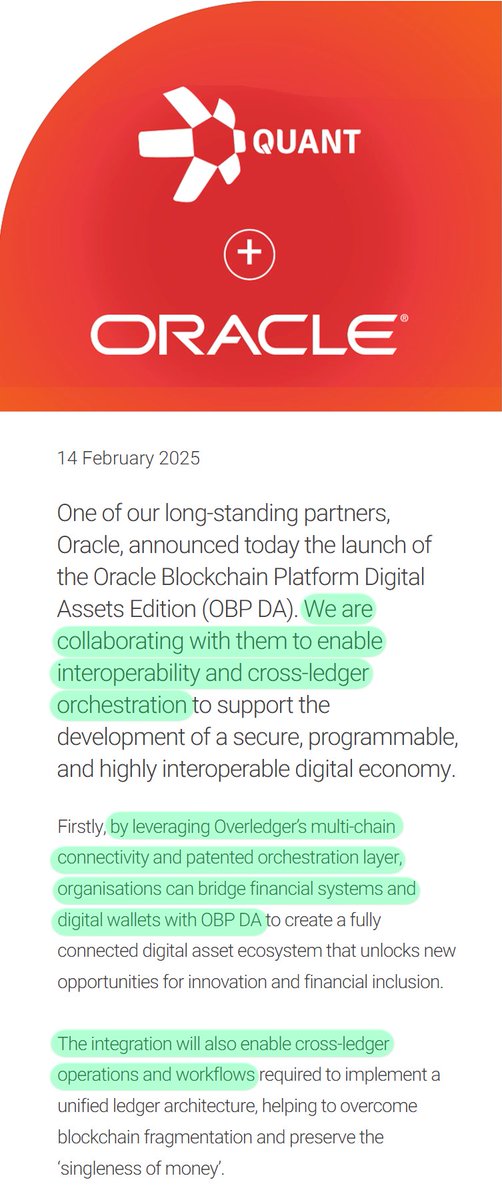 GregLuntX's tweet photo. ⚔️🔥 BREAKING: Oracle has announced their integration with Swift’s blockchain for cross-bank tokenized deposits.

Hmm, that sounds familiar...

Considering Oracle already has a certified solution for cross-ledger orchestration sitting inside its own stack:

$QNT’s Overledger.

This announcement describes the EXACT kind of problem Overledger was specifically built to solve.

→ Different banks
→ Different ledgers
→ Different deposit systems

All needing to communicate with each other.

This is why deals like The Clearing House matter so much — they don’t just add another customer, they strengthen the network effects around the underlying infrastructure.

Once enough major institutions plug into the same connective layer, everyone around them is more and more incentivized to follow.

You’re watching in real-time how interoperability eats an entire industry.