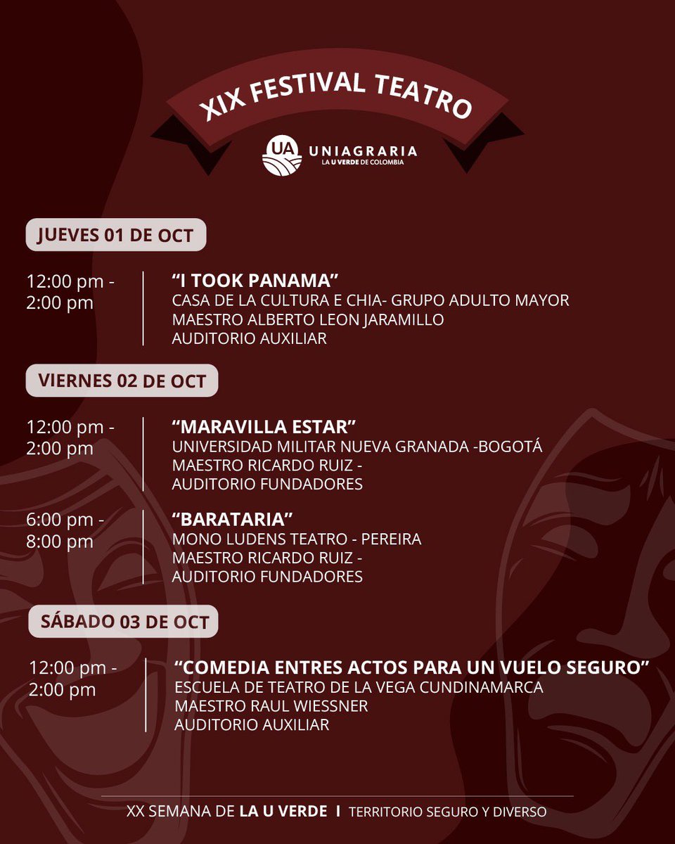 UNIAGRARIA's tweet photo. 🎭💚 ¡El teatro llega a la XX Semana de la U Verde!

Conoce la programación de teatro y prepárate para disfrutar del talento, la creatividad y las historias que cobrarán vida en los escenarios de UNIAGRARIA. ✨

¡La U Verde también se vive a través del arte y la cultura! 🌿 https://t.co/qwsDR2jgqN