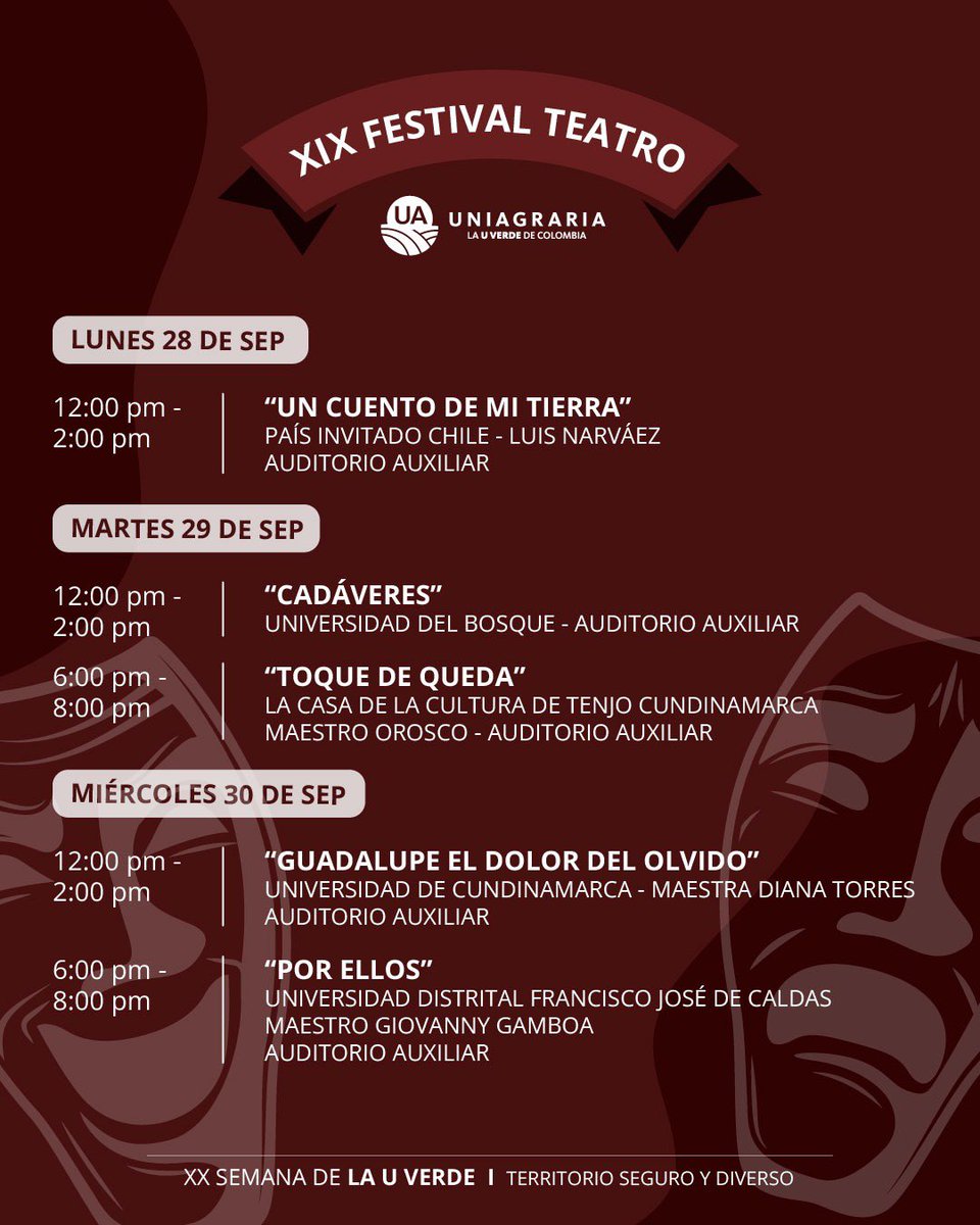UNIAGRARIA's tweet photo. 🎭💚 ¡El teatro llega a la XX Semana de la U Verde!

Conoce la programación de teatro y prepárate para disfrutar del talento, la creatividad y las historias que cobrarán vida en los escenarios de UNIAGRARIA. ✨

¡La U Verde también se vive a través del arte y la cultura! 🌿 https://t.co/qwsDR2jgqN