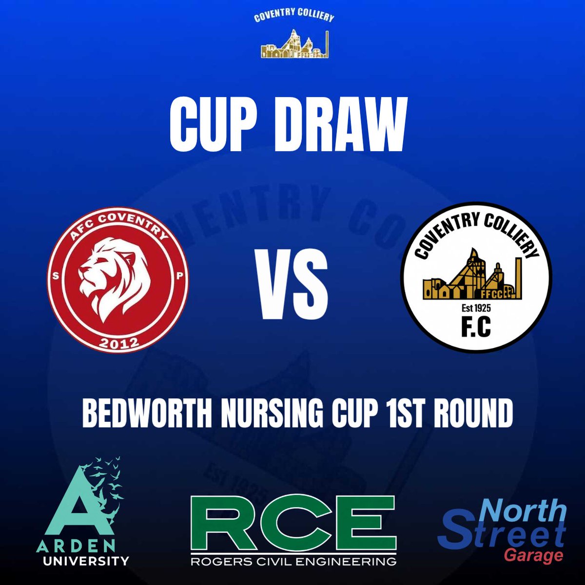 CollieryFc's tweet photo. CUP DRAW: The Rezzies have been drawn against AFC Coventry in the first round of the Bedworth Nursing Cup. The date of the tie is TBC.
#UpTheColliery #CoventryColliery π΅β«οΈ https://t.co/h2irYnZ91e