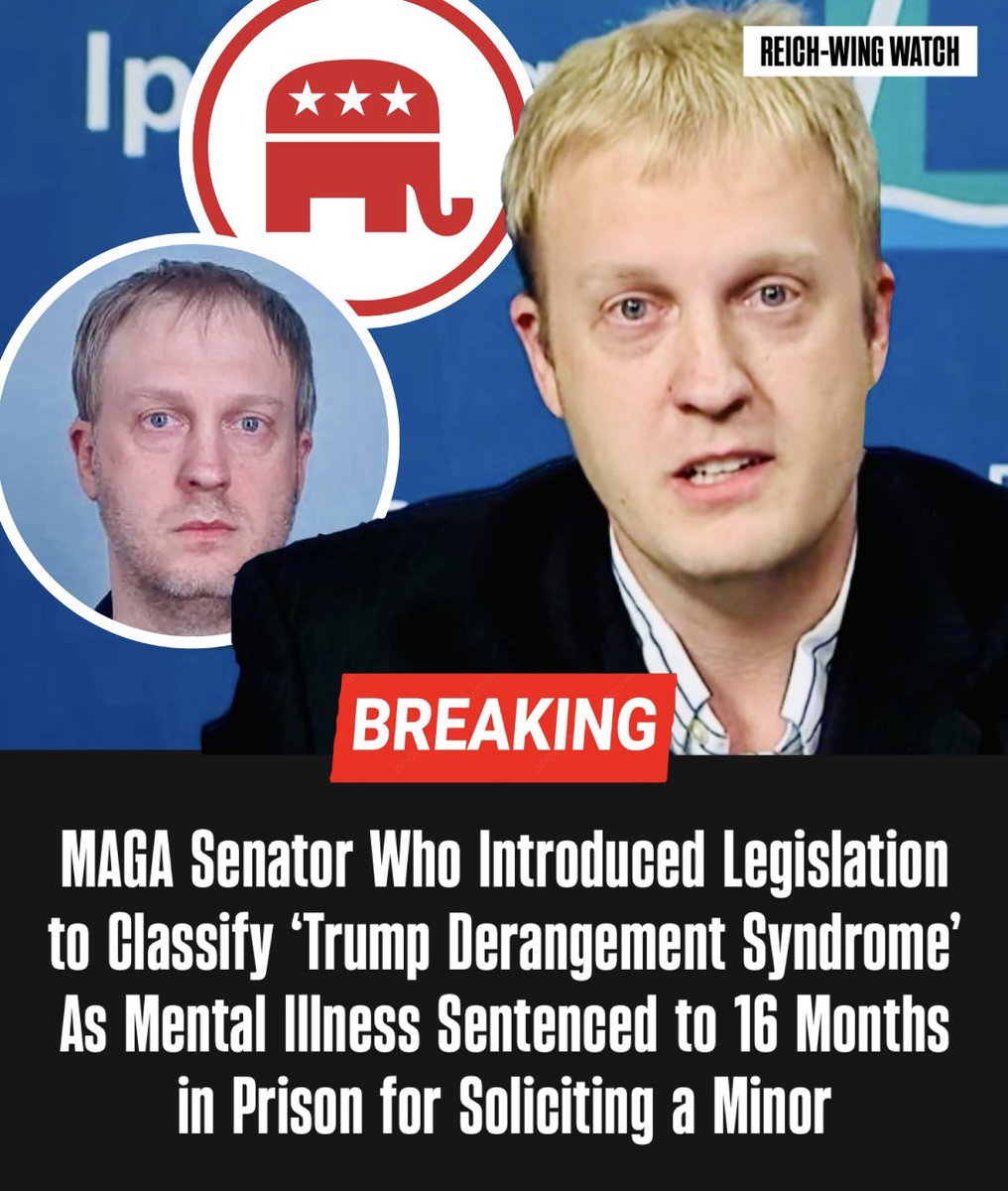 ReichWingWatch's tweet photo. 🚨Former Minnesota state Sen. Justin Eichorn, a Republican, was sentenced Wednesday to 16 months in federal prison after trying to solicit a girl he believed was 17. According to MPR News, the "girl" was an undercover officer, and Eichorn had asked for n*de photos. He must also pay $10,000 into a federal fund for victims of child s*xual abuse materials and serve five years of supervised release.

Eichorn was first charged with attempted enticement of a minor, which carries a 10-year mandatory minimum. In May he pleaded guilty to a lesser count of attempted possession of child s*xual abuse materials. Prosecutors wanted five years, and the judge called his conduct "egregious" and "not the product of a single split-second decision."

The timing is hard to beat. On the day he was arrested, Eichorn co-authored a bill to classify "Trump Derangement Syndrome" as a mental illness. Senate Majority Leader Erin Murphy called it "possibly the worst bill in Minnesota history." He resigned three days later, just before a vote on expelling him.

Eichorn also liked to cast himself as a protector of kids. He co-sponsored SF 2531, a bill targeting transgender athletes in girls' sports, and in 2021 he posted that he didn't want his "elementary age kids learning this stuff" about diverse sexual orientations and gender identities. 

Meanwhile, the person who was a threat to young girls was the lawmaker himself, not a trans athlete or a public school teacher.