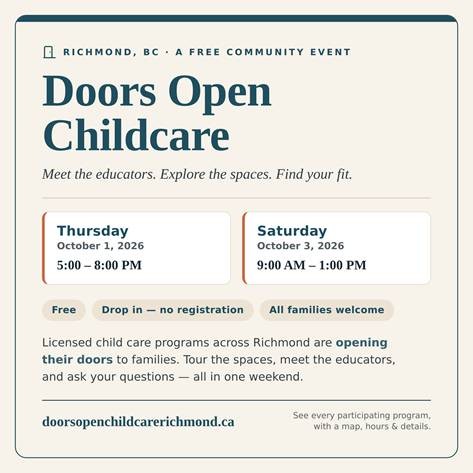 DDA604's tweet photo. We're taking part in an event to help local families learn about licensed child care options!

Doors Open Child Care in Richmond!

Thursday, Oct. 1, 5 pm - 8 pm
Saturday, Oct. 3, 9 am - 1 pm

A community event connecting Richmond families with licensed child care — hosted alongside a professional development day for educators.

Stop by DDA’s newest Richmond child care facility, River Run (10277 River Drive) on Saturday!

More information here: https://t.co/KdJidJUvwJ