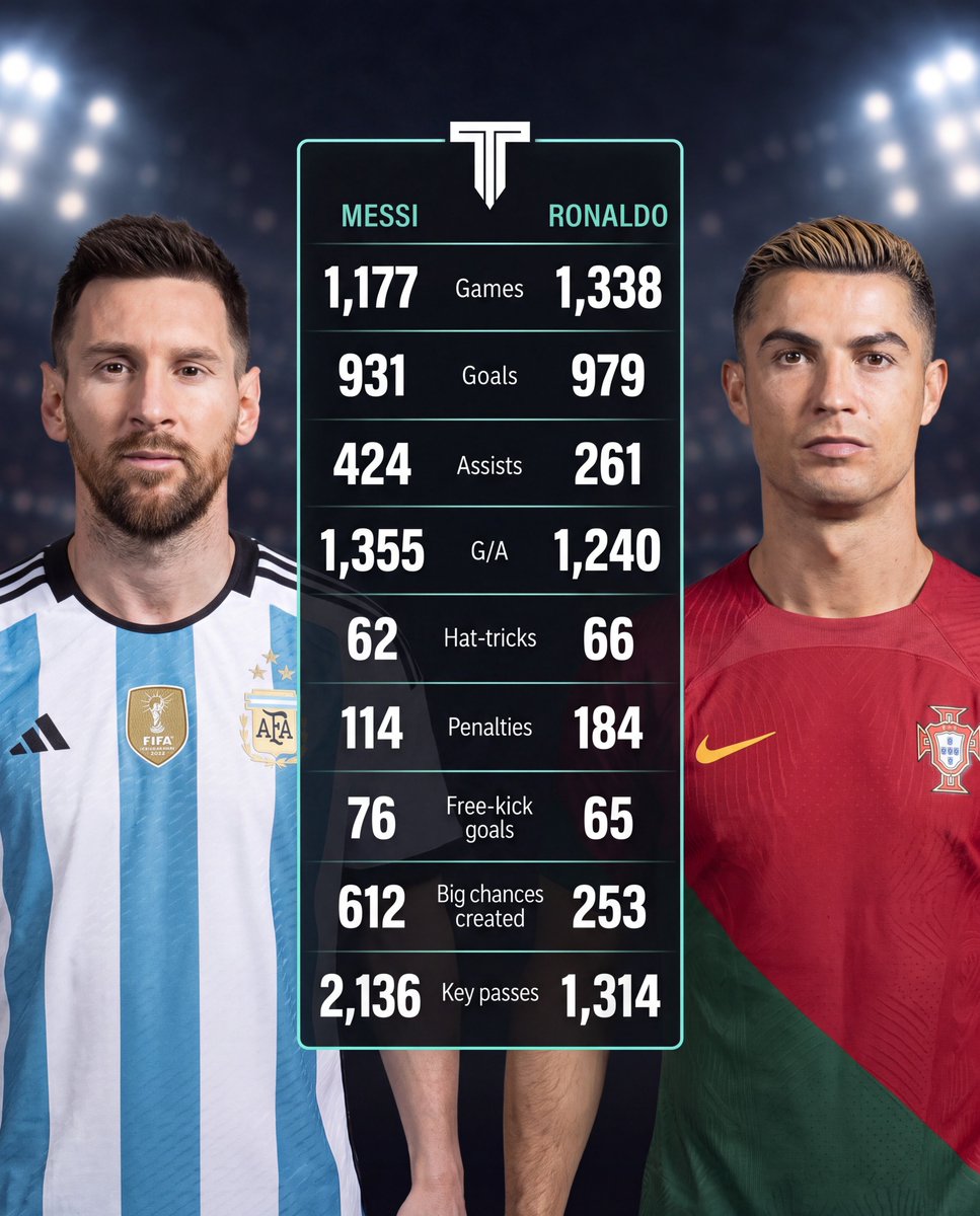 TouchlineX's tweet photo. 🚨 𝗖𝗢𝗠𝗣𝗔𝗥𝗜𝗦𝗢𝗡: Lionel Messi vs Cristiano Ronaldo, all time career stats. https://t.co/cENcDAgkXF