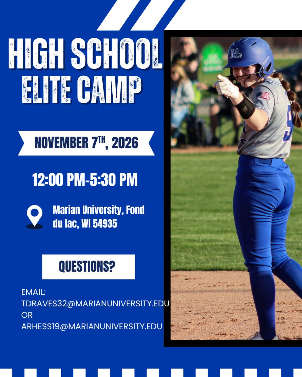 MarianSoftball's tweet photo. We are thrilled to announce our High School Elite Prospects Camp! 

November 7th from 12pm-5:30pm open to grades 9-12! 

We can't wait to meet and work with you! 

See you there! https://t.co/qEnDoZg70o
