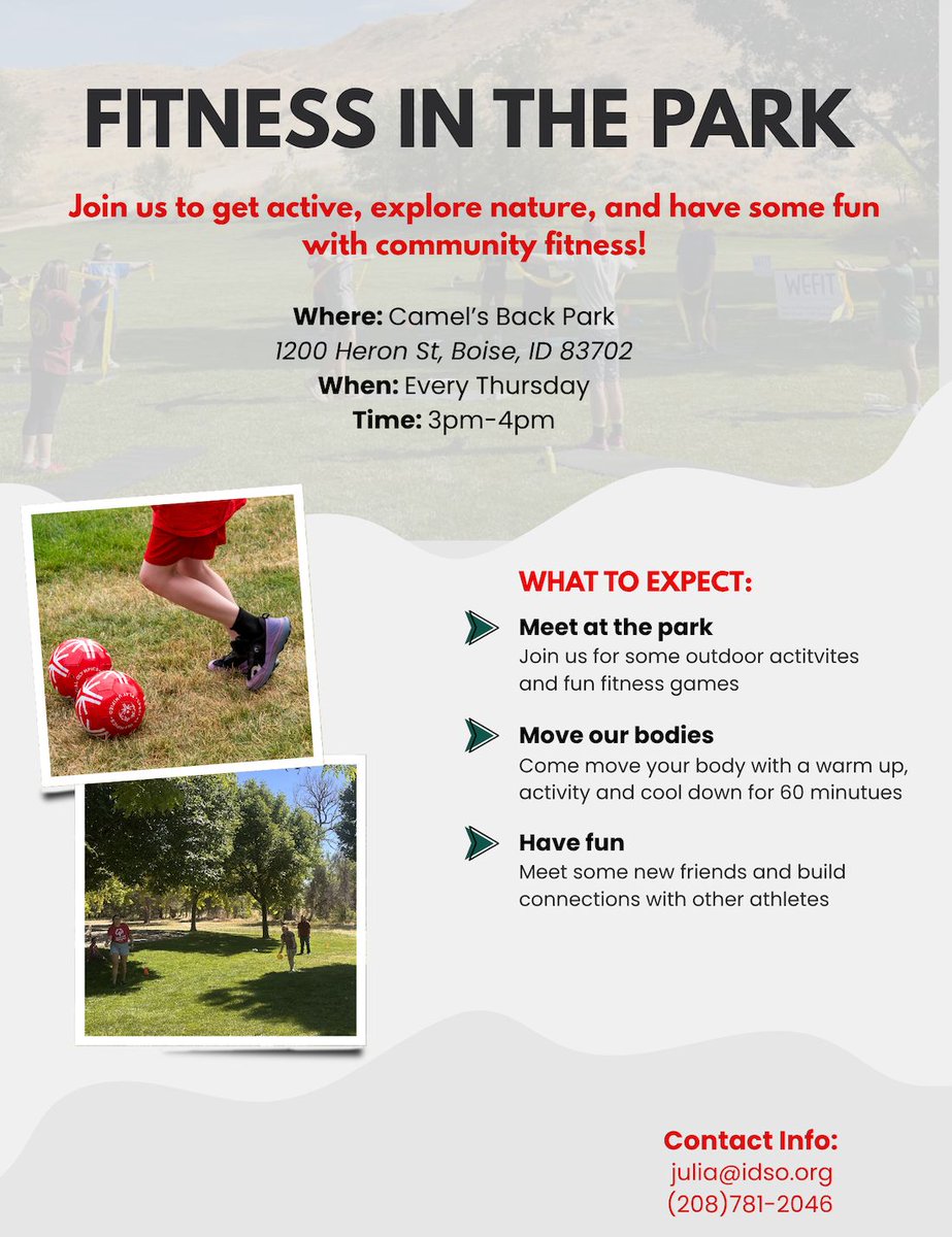 SOID's tweet photo. We have a FUN event beginning this week and would love to have you there! Fitness in the Park 🏃‍➡️ 🏃‍♀️‍➡️ begins THIS THURSDAY and will meet every Thursday until November 19th, from 3pm-4pm at Camel's Back Park. Come have fun &amp; stay active, all are welcome!  

#specialolympicsid https://t.co/CFaHJhZy5S