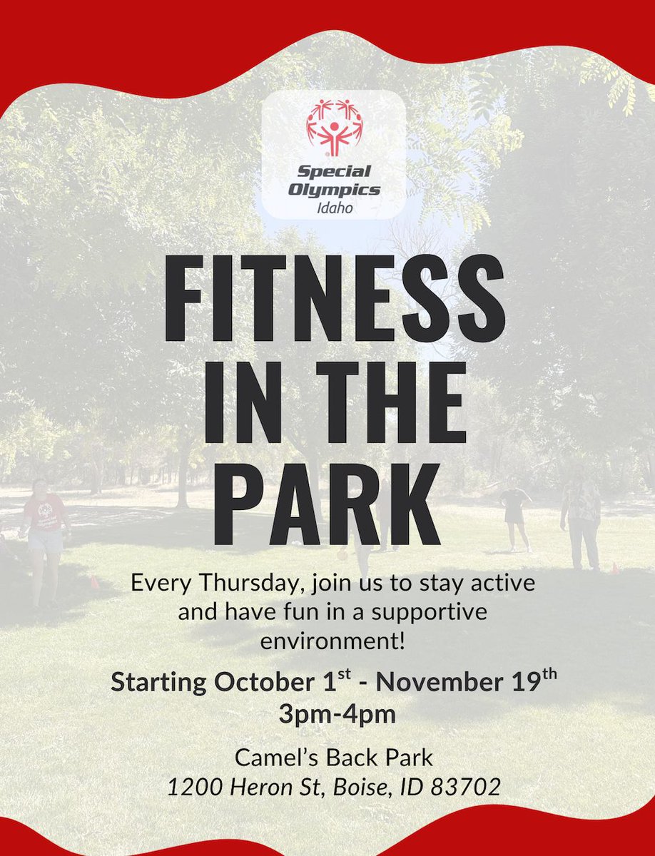 SOID's tweet photo. We have a FUN event beginning this week and would love to have you there! Fitness in the Park 🏃‍➡️ 🏃‍♀️‍➡️ begins THIS THURSDAY and will meet every Thursday until November 19th, from 3pm-4pm at Camel's Back Park. Come have fun &amp; stay active, all are welcome!  

#specialolympicsid https://t.co/CFaHJhZy5S