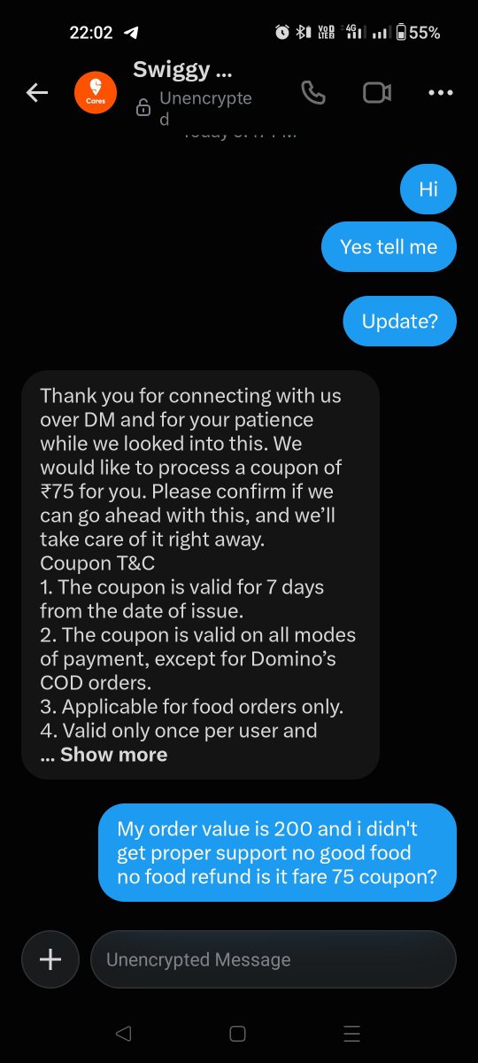 prediator005's tweet photo. @SwiggyCares @Swiggy @Swiggy my order value is 191 you think 75 coupon is fare value for a cold food hang up without resolution no customer support.?? https://t.co/CzBV8VKCH0