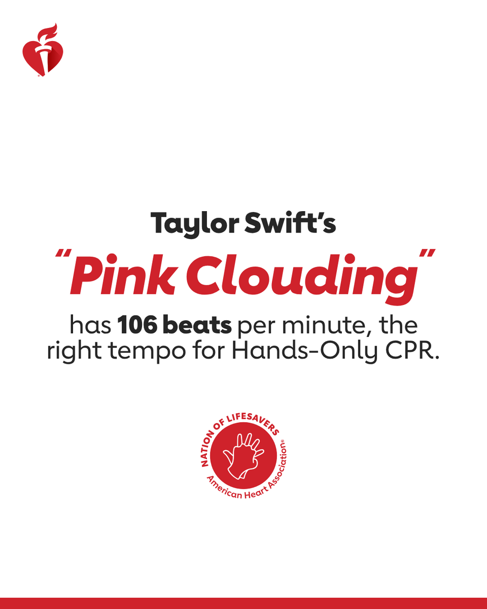 American_Heart's tweet photo. Encore, Encore! Play that one again. Pink Clouding has the right beat to help you save a life with Hands-Only CPR. ❤️‍🔥

When someone’s heart stops every second matters. You have the power to help. If you see a teen or adult collapse, call 911 and push hard and fast in the center of the chest.

#TSTLOASTheEncore #NationOfLifesavers #CPRwithHeart @taylorswift13