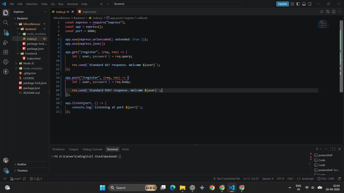 __Aditya_Ch__'s tweet photo. It's been a week, I haven't posted anything. I was busy with my exam going on and now I am free.
So this is Day 10 of backend learning, today we started small
✅Lookup at previous concepts
✅Handling post requests
#LearningJourney
#LearninginPublic
#backend https://t.co/kgK0VVOcBR