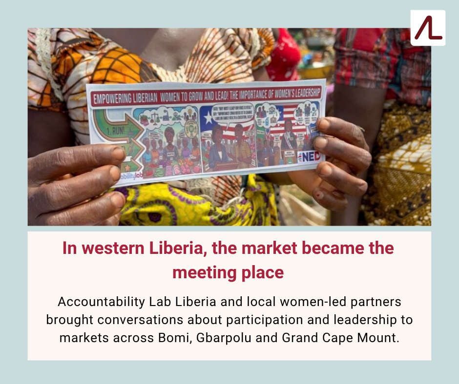 AccountLab's tweet photo. Who says civic learning belongs in a meeting room? 🏢 

In western Liberia, @accountlablb and local women-led partners took conversations about participation and leadership to the markets where women gather.

In Bomi, women described how a lack of information had made it harder to get involved in leadership. The market lectures created space to ask questions, talk about the power of their votes, and consider how they could support one another to lead.

This International Day for Universal Access to Information, their story asks us to think beyond whether information is available: who is it reaching, and where are the conversations happening?

🔗 Read the full story by Parnneh T. Mallobe: https://t.co/jNU6ZKvuud
